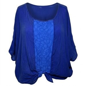 Language Women's XS Royal Blue Silk Blend Lace Panel Dolman Knot Front Top